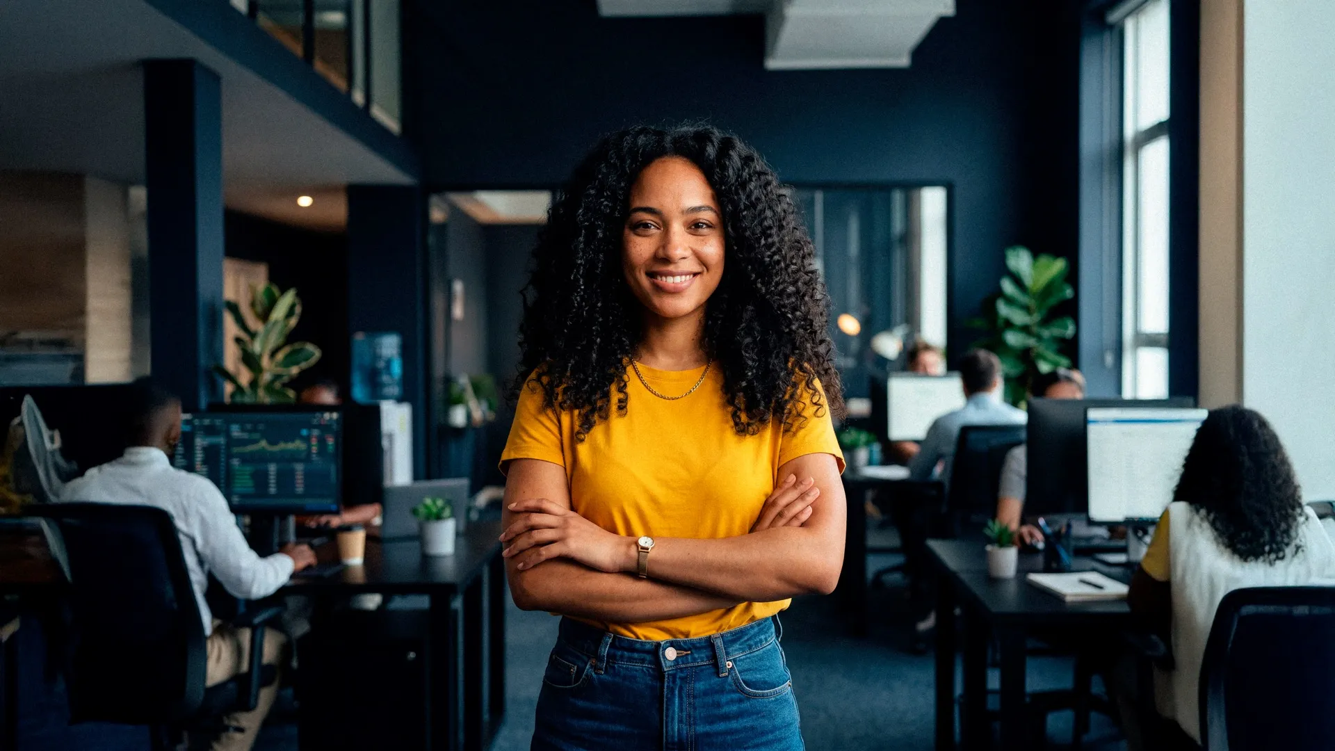 Jovem estagiária sorrindo em ambiente de trabalho